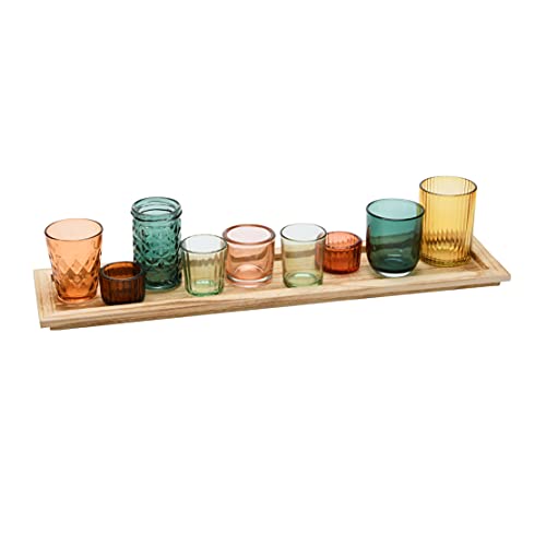 Creative Co-Op Round Glass Votive Holders on Wood Tray, Yellows & Greens, Set of 9 by Creative Co-Op - Used condition - US$31.19