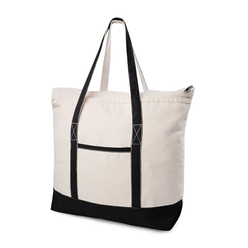Cotton Canvas Tote Bag with an External Pocket & Top-Zipper Closure For - Gym, Beach, DIY, Work, Travel, Shopping
