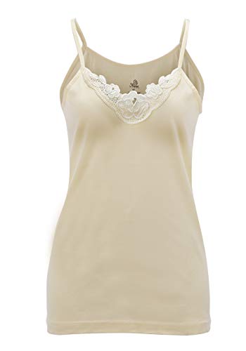 Maria Angel Ladies Plain Camisole Cotton Vest Top Lace Trim Neck Design Cami Tank Strappy (1000) (Medium 10-12, Beige)