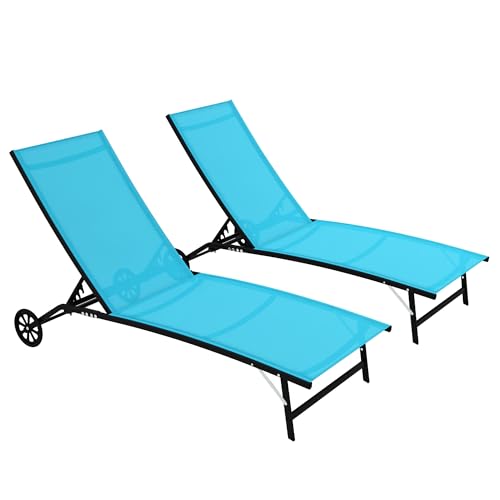 GOWE Outdoor Chaise Lounge, 2 Piece Lounge Chair with Wheels, Tanning Chair with 5 Adjustable Positions for Patio, Beach, Yard, Pool, Blue
