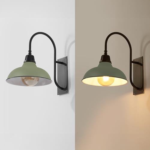 Image of JONATHAN Y 12.25 inch Matte Olive Green /Black 1-Light Farmhouse Gooseneck Outdoor Wall Sconce Lamp, with Black Metal Bowl Shade, Industrial Iron LED Porch Light for Patio Garage Entryway (JYL7614I)