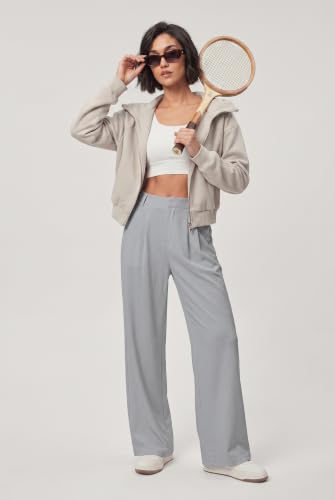 IWOLLENCE Women Wide Leg Pants Waffle Stretchy Work Dress Pants Business Casual Outfits Slacks Trousers Light Gray — view 4
