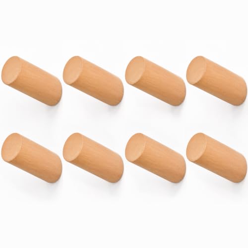 CHAUNCEY HOME Wooden Wall Hooks 8 Pack, Handmade Wooden Coat Hooks Wall Mounted - Farmhouse Rustic Entryway & Bathroom Hooks for Hats, Towels, Bags, Clothes (40 Capacity), Fits Drywall, Beech Wood