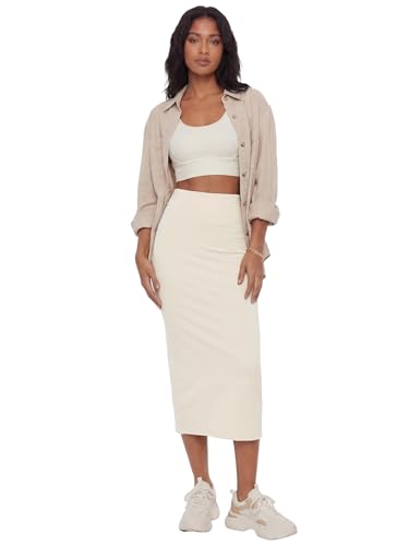 Image of Rooscier Women's High Waisted Pencil Midi Skirt | Stretchy Bodycon Knee Length Skirts with Back Slit