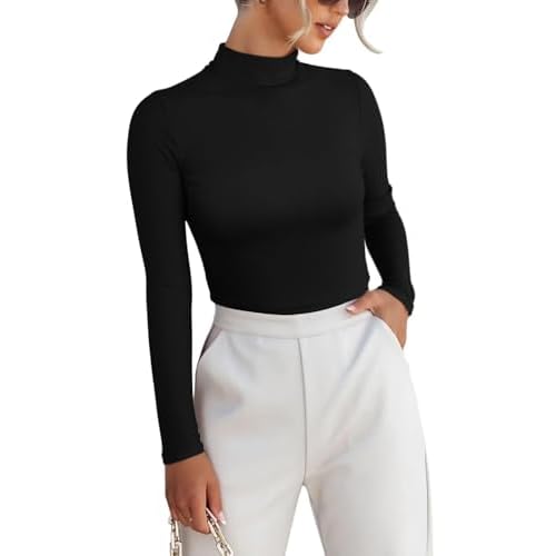 VICHYIE Women Long Sleeve Shirt Mock Neck Ribbed Knit Slim Fitted Fall Clothes Underwear Small Black-no Fleece Lined