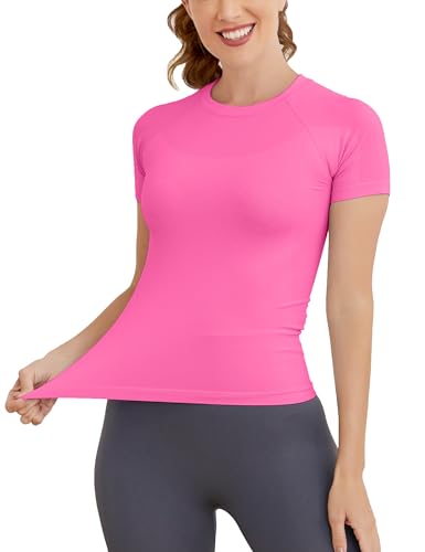 Image of MathCat Short Sleeve Workout Tops for Women, Seamless Women's Compression Shirt, Yoga Running Athletic Shirts Soft Gym Tops