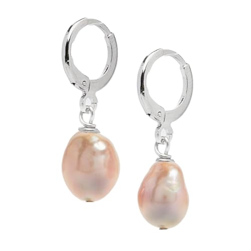 Image of TreasureBay Simple Classic Handmade Pearl Earrings for Women and Teen - 12 Mm Baroque Dangle Drop Earrings Gold Plated Leverback | Earring colour White, Pink, Grey, Black (Purple)