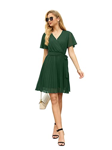 Grecerelle Casual Spring Dresses For Women Flounce Short Sleeve Wrap Dress V-Neck Mini Dress Blackish Green(Large, Blackish Green) #TOP4