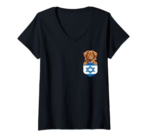 Womens Israel Flag Duck Tolling Retrievers Dog In Pocket V-Neck T-Shirt, Black