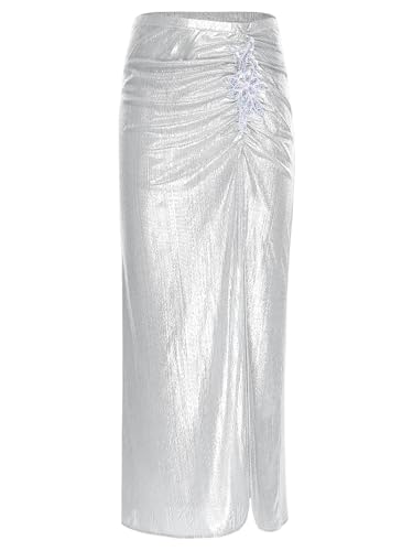 Hedmy Women's Holographic Shiny High Side Split Long Skirt Sequin Embroidery Flowy Maxi Skirt3