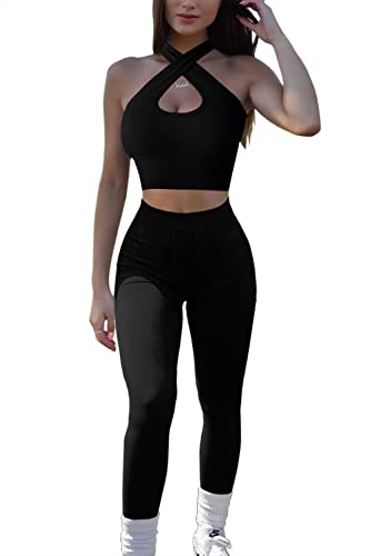 QINSEN Yoga Outfit for Women Seamless 2 Piece Workout Tank Tops Halter Cross Back High Waist Leggings Sets Black S