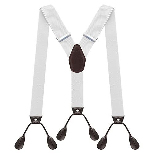 AYOSUSH Suspenders for Men Button End Heavy Duty Big and Tall Adjustable Elastic, White, One size