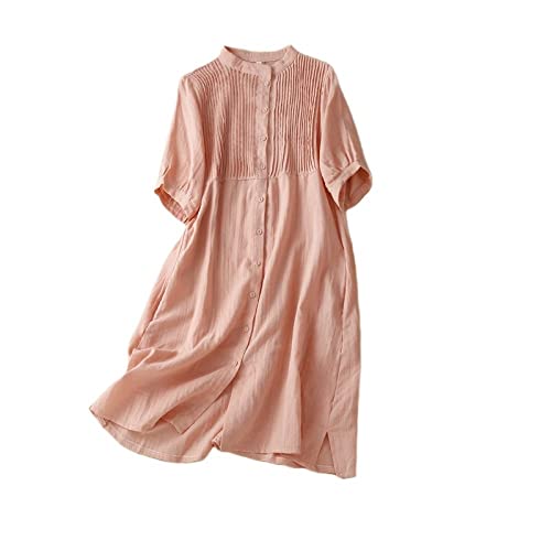 KIMCCI Sommerkleid Damen, Damen Lockeres Baumwoll-Leinenkleid Sommer Kurzarmkleid Brust Plissee Hemdkleid Knopfleiste Mit Tasche Boho Für Party...