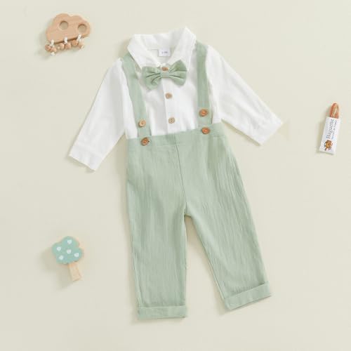 Geagodelia Baby Jungen Kleidung Taufanzug Outfit Babykleidung Set Langarm Body Strampler + Hose mit Hosenträger Neugeborene Weiche Babyset Zweiteiler (Grün, 6-9 Monate)