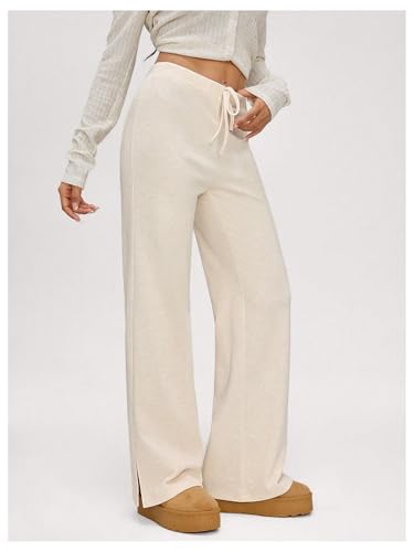 Verdusa Women's Solid Drawstring Waist Knit Lounge Pants Flare Leg Slit Trousers4
