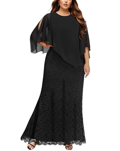 Image of Women's Plus Size Cape Dress with Chiffon Overlay Gown Formal Evening Lace Long Mermaid Dresses 2024