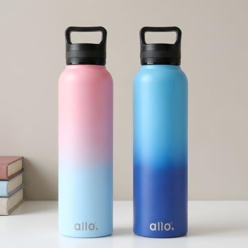 Image of Allo Stainless Steel Water Bottle For Adults, Kids 950ml For School, Office, Sports, Gym 950ml Water Bottle For Men And Women, Pack Of 2| Leak Proof, Bpa Free, Pink And Baby Blue, Light And Dark Blue