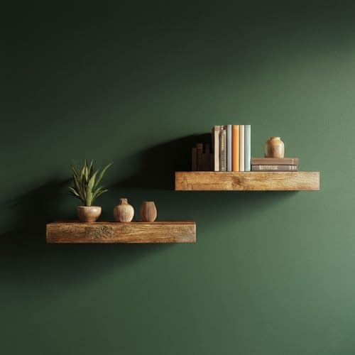 Image of Solid Wood Floating Wall Shelves Set of | Rustic Wooden Display Shelves for Living Room, Bedroom, Kitchen & Bathroom | Heavy Duty Wall Mounted Shelves (9 Inches, 2 Shelves)