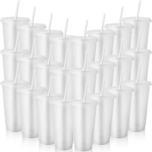 MALLOOM Lot de 24 Gobelets Réutilisables en Plastique avec Couvercle et Pailles, 710ML Tasse en Plastique, Tasse pour Fête Camping Tasse de Voyage pour...