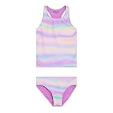 Lands' End Girls' UPF 50+ Swim Bikini Bottom and Racerback Tankini Set, Orchid Burst, Large