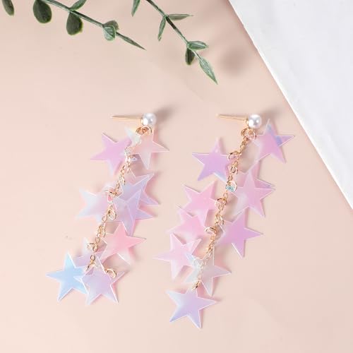 Star Earrings Dangle, Iridescent Earrings for Women Accessory Neon Long Tassel Dangle Earrings Dazzling Gold Star Sparkly Earring Long Dangle Summer Jewelry Graduation Wedding Birthday Gift3
