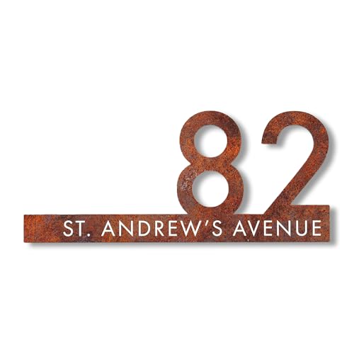Personalised House Number Sign Rust Effect Contemporary Cut Out Modern House Sign Door Number Plate Printed Address Signage With Hidden Fixings Weatherproof & Scratch-Resistant
