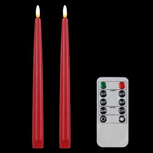 CVHOMEDECO. Flameless Taper Candles with 10-Key Remote, Battery Operated Led Flickering 3D Wick Window Candles Real Wax Finished Home Christmas Party Decor 0.78 x 11 Inch, Pack of 2, Red