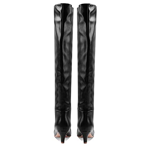 Moommo Women Kitten Heel Over Knee High Boots Square Toe Matte Leather Pull On Wide Calf Pleated Low Heel Thigh Boots Stylish Retro Dress Boots Work Party Comfortable Black Size 8 M Us #TOP1
