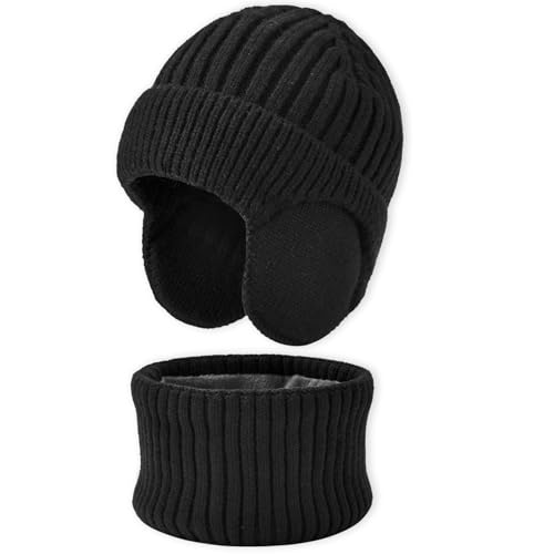 Unisex Kids Earflap Beanie and Scarf Set 2pcs Winter Warm Knit Fleece Lined Skull Cap Neck Warmer for Boys Girls 2-8y - Main Image