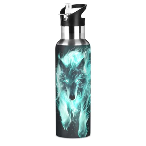 White Green Wolf Lightning Fire Water Bottle Leakproof Insulated Stainless Steel Hot Cold Water Flask with Straw Lid for Sports Travel 20 oz