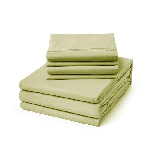 Image of ClevaHome Queen Size Sheets - 6 Piece Fitted Bed Sheet Set, Leaf Green | Soft Luxury Breathable, Shrink & Fade Resistant, Embroidered Bed Sheets, 14-inch Deep Pocket, 2 Extra Pillowcases