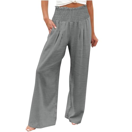 Womens Wide Leg Pants Tummy Control High Waisted Linen Pants Casual Baggy Sweatpants Palazzo Trousers with Pockets Palazzo