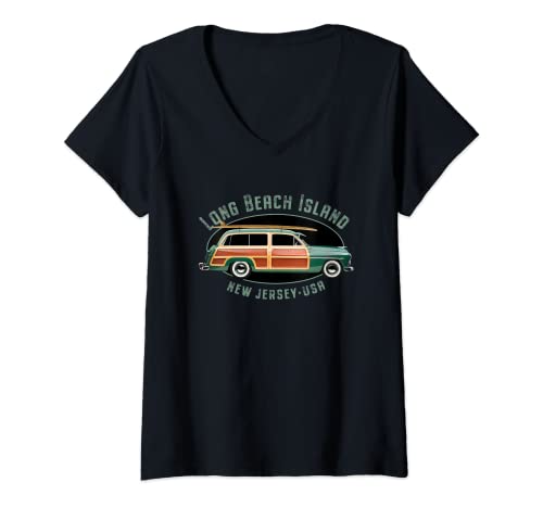 Mujer Diseño vintage de surf de Long Beach Island New Jersey Camiseta Cuello V