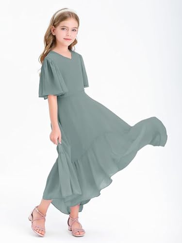 Junior Bridesmaid Dresses for Wedding Girls Ruffles Casual Flowy High Low Party Dresses PT1384