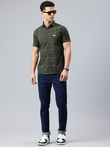 Image of Majestic Man Men Comfort Slim Fit Checked Pure Cotton Half Sleeve Casual Shirt