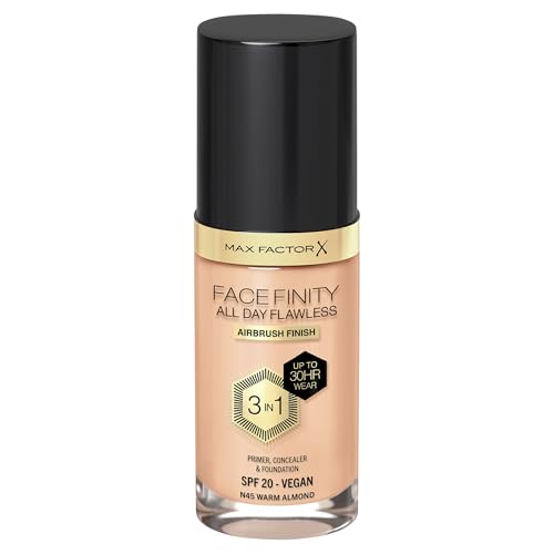 Max Factor, Facefinity All Day Flawless Foundation - Concealer, 3-in-1 Liquid Foundation & Gesichtsprimer, vegane Formel, modulare Abdeckung, bis zu 30 Stunden Halt, SPF20-N45 Warm Almond, 30 ml