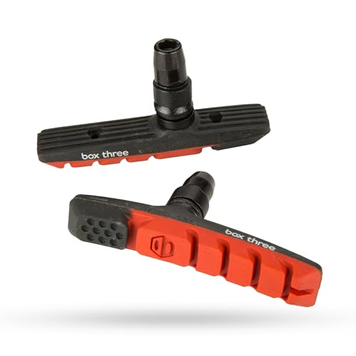 Box Three 70 Millimeters BMX Brake Pads Matte Black w/Pad Printing Body Dual Compound Rubber Pad & Pivoting Posts | Red