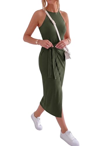 Image of NOLLSOM Women Casual Sleeveless Striped Tank Midi Dresses Halter Neck Ruched Bodycon Dresses Tie Waist T Shirt Summer Dress