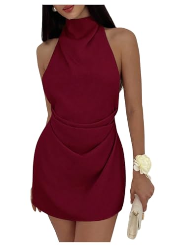 Image of Floerns Women's Ruched Cowl Neck Halter Mini Dress Tie Backless Night Out Dresses