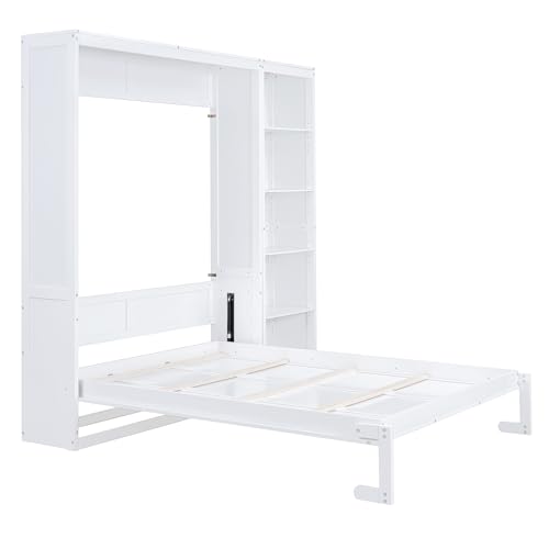 Image of Merax Space-Saving White Murphy Bed Queen Size with Adjustable Storage Shelves, Multifunctional Foldable Wall Bed for Small Spaces Studio Study Office Guest Room