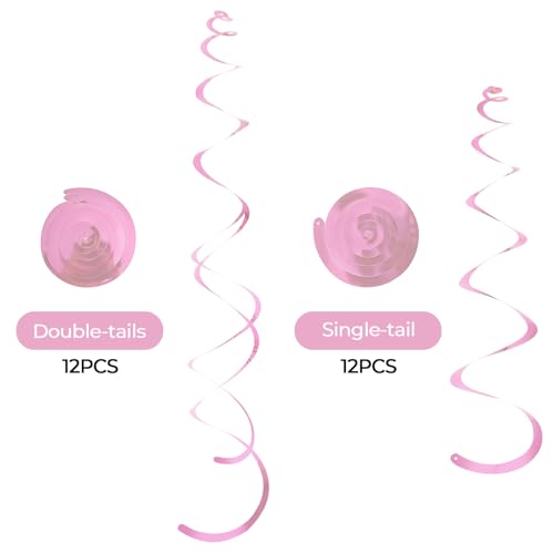 Image of 24 PCS Pink Hanging Swirl, Sparkle Ceiling Hanging Decorations, Plastic Streamer Party Decorations with Double-Swirls and Single-Swirls for Birthday Decorations, Easter, Graduation, Baby Shower