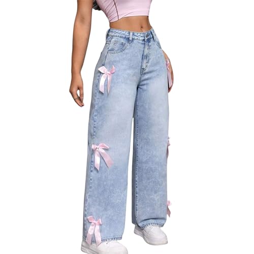Summer Denim Pants for Women Bow Jeans Wide Leg Baggy High Waisted Cute Bow Pants
