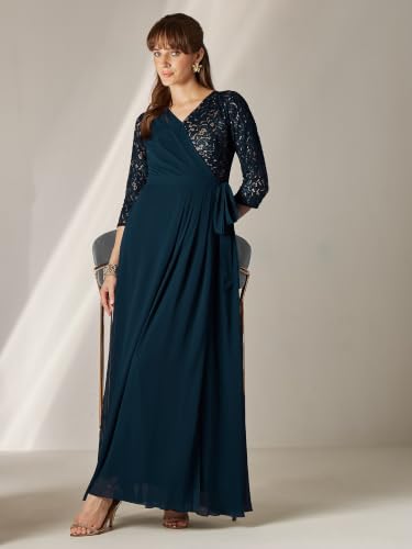 Image of Miss Chase Women's V-Neck Full Sleeve Self Design Lace-Overlaid Georgette Maxi Dress