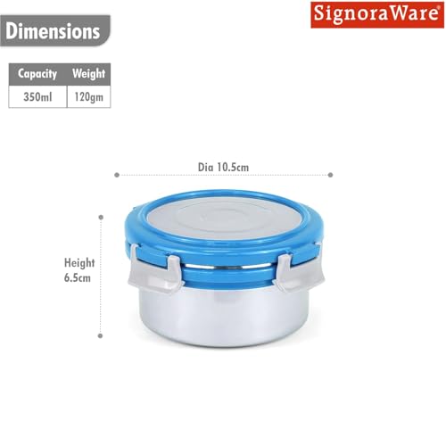 Image of Signoraware Lock N Store Stainless Steel Round Container With Steel Lid | Airtight & Leakproof | Compact & Durable | Ideal for Snacks, Office, School & Travel Use (350ml | TBlue)