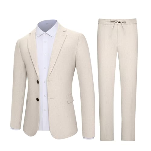 Retro Linen Mens Suit 2 Piece Slim Fit Linen Suits Set Tuxedo Blazer Jackets Drawstring Pants Summer Wedding Prom Tux for Men3