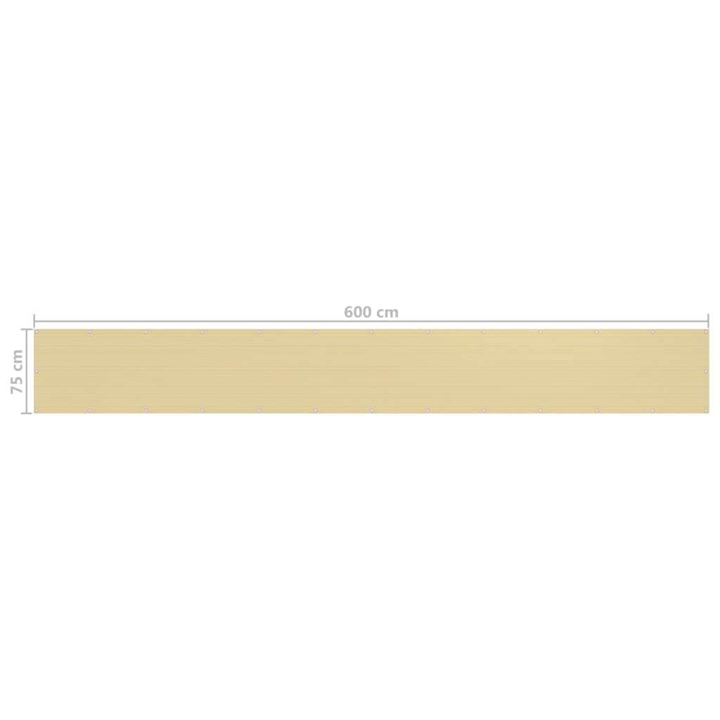 Osłona balkonowa, beżowa, 75 x 600 cm, wykonana z HDPE, odporna na promieniowanie UV, oddychająca, 160 g/m² z oczkami aluminiowymi i linką 24 m, na balkon, taras, do ogrodu