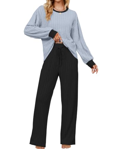 Image of Blooming Jelly Women Ribbed Long Sleeve Pajama Sets Fall Loungewear Pockets