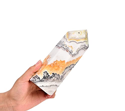 AMOYSTONE Natural Striped Agate Hexagonal Wand Pointed 6 Faceted Tower Large 1.7-2 Lbs for Healing Reiki, Chakra, Collection