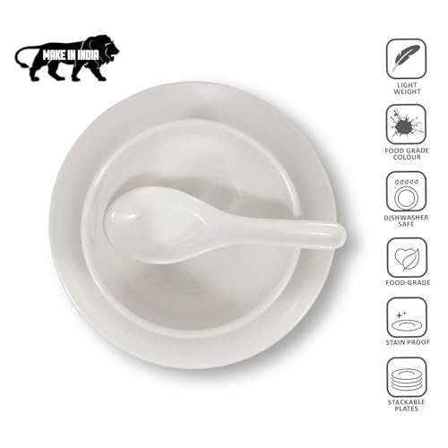 Image of Ariya Melamine French Soup Bowl Set of 4 (350 ml, White /Gold) with Spoons & Saucers|Premium Soup Serving Bowls|Microwave & Dishwasher Safe|Durable Bowls for Soup, Noodles, Cereal & Pasta
