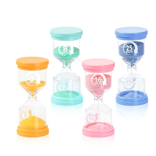4 Piezas Relojes de Arena, Colorido Juego de Reloj de Arena de 3/8/16/25 minutos, Temporizador de Arena Luminoso, Reloj Arena Niños para Hogar, Oficina, Gimnasio, Cocina